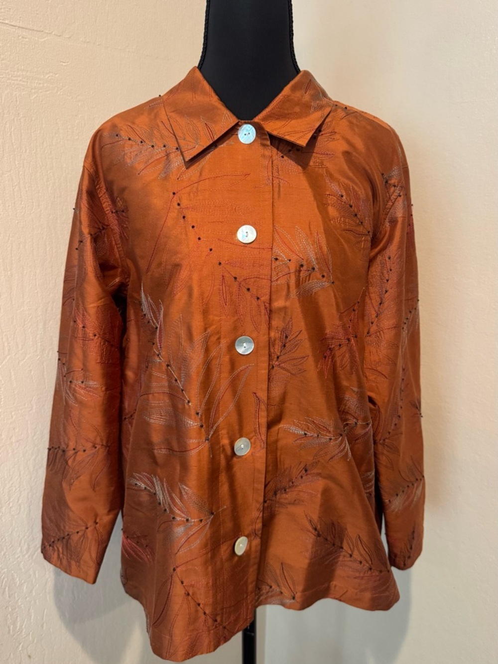 French Laundry Copper Button-Front Blouse 100% Silk Beaded Leaf Design